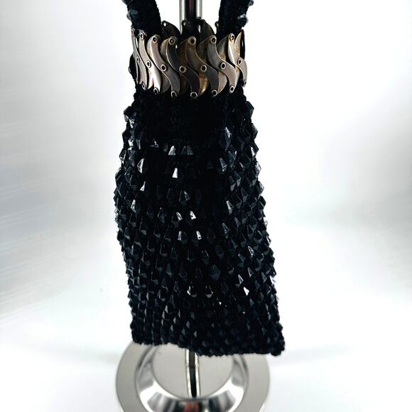 Vintage Black Beaded Evening Purse with Bike Chain Strap Accent Y2K Goth - Picture 3 of 9